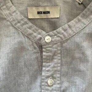 Pinstripe Blue/White Buck Mason Collarless Button Down Linen Shirt